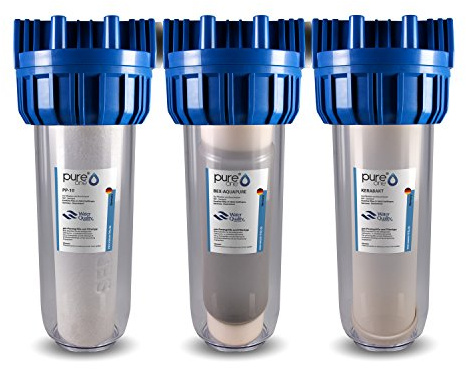 PureOne SEDIBAKT. 3-Stufige Wasserfilteranlage 10 Zoll. Filtrierung v. Bakterien u. Keimen. Filtergehäuse mit Sediment, Aktivkohle und Keramik Keimfilter 0.3µ. Für Hauswasser, Zisterne