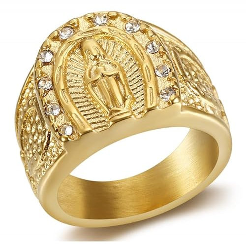 BOBIJOO Jewelry - Bague Chevalière Camargue Gitan Fer à Cheval Vierge Sara Acier Doré Plaqué Or - 71 (13 US)