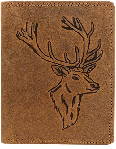 Harrys-Collection HC Herren Hochformat Geldbörse in Vintage Leder mit RFID Schutz Hirschkopf, Farben:Cognac