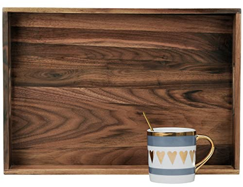 MAGIGO Rechteckiges Tablett aus Walnussholz mit Griffen und abgewinkelten Kanten, 43,2 x 30,5 cm, für Tee, Kaffee, klassisches dekoratives Serviertablett aus Holz