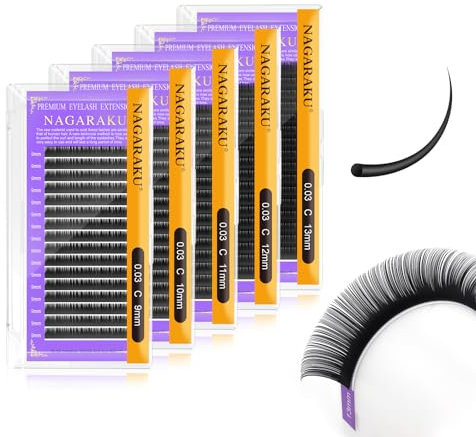 NAGARAKU 5 Trays Eyelash Extensions Supplies Classic 1:1 Lashes Individual Volume Lash Extensions Soft Single Natural Eyelashes Matte Black 16 Rows (0.03mm C Curl 9/10/11/12/13mm in 1 Pack)