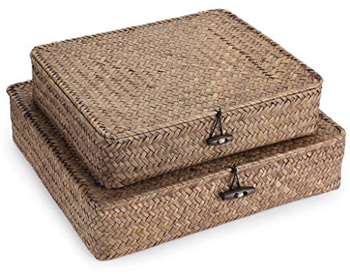 Sumnacon Set of 2 Seagrass Storage Basket Handmade Weave Hamper Shelf Organiser Baskets Chest with Lid Multipurpose Container, Coffee