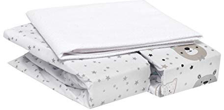 FlyIdeas 3-teiliges Spannbettlaken-Set für Kinderwagen, Stubenwagen & Moseskörbe 75x35 cm – 2 Baumwoll-Spannbettlaken & 1 wasserdichter Matratzenschoner