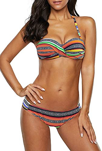 Dokotoo Bandeau Bikini Damen Push Up Zweiteilige Badeanzug Bademode Bikini Set, 03-Orange, M