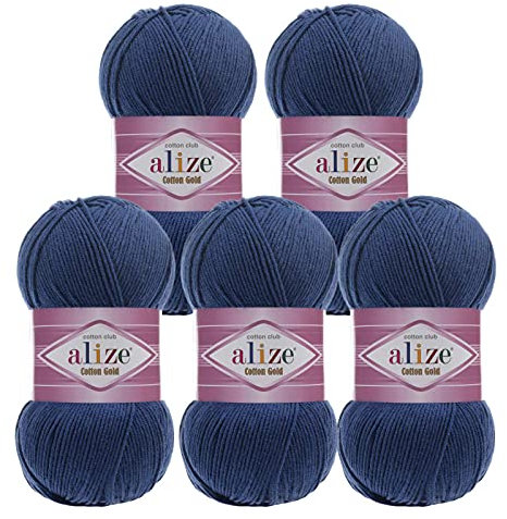 5 x 100g Strickgarn Alize Cotton Gold Uni Klassikgarn Häkelgarn Strick-Wolle Farbwahl, Farbe:279 nachtblau