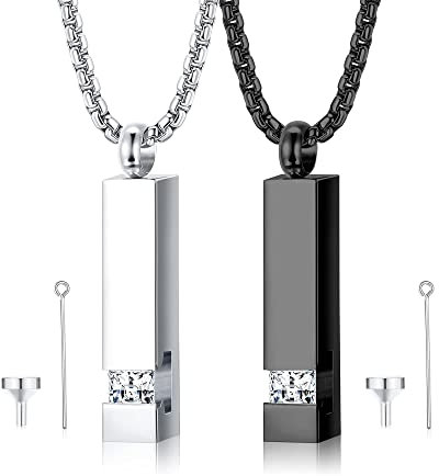 Finrezio 2 Stück Feuerbestattung Urne Anhänger Halskette für Gedenkstätte Edelstahl Schwarz Silber Asche Halskette Schmuck Andenken Mit Zirkonia