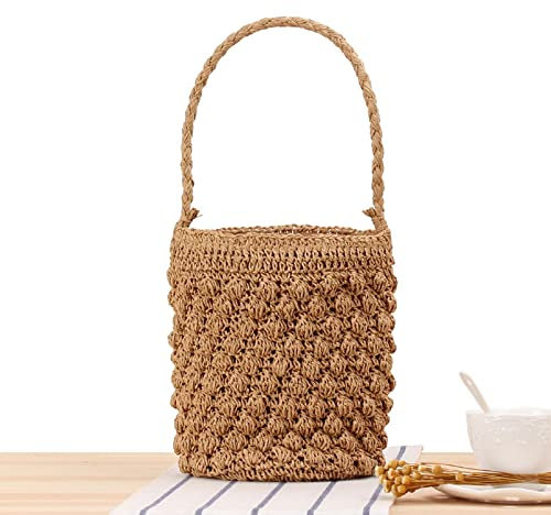 Chengjiexu Borsa di Paglia Cilindrica Intrecciata a Mano Semplice e Carina, Secchiello per Il Tempo Libero e Vacanza al Mare - Cammello