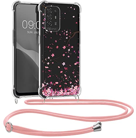 kwmobile Necklace Case kompatibel mit Oppo A94 (5G) Hülle - Silikon Cover mit Handykette - Rosa Dunkelbraun Transparent Kirschblütenblätter