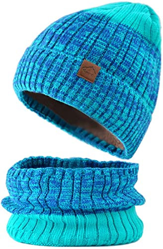 Yixda Wintermütze Loop Schal Set Warm Beanie Hut Schals mit Fleecefutter für Damen und Herren (Hellblau)