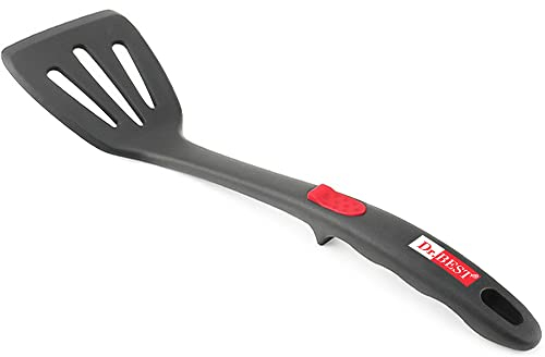 Dr.BEST Silicone Slotted Turner Spatula,Heat Resistant,Non-Stick, Ergonomically Grooved Handle,Soft Grip, Touching Spot,One-Piece Design(Gray)