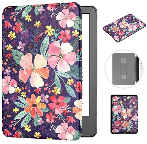 MOKASE Hülle Kompatibel mit Neu 6 Zoll Kindle 11. Generation 2022 2024 Freigebe (Modell: C2V2L3 RS23CV), Kunstleder Magnetische Hartschale mit Handschlaufe Automatic Schlaf/Aufwach, Purple Flowers