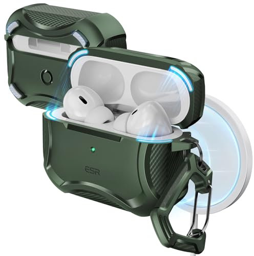 ESR für AirPods Pro 2 Hülle (2023/2022/2019), Cyber Armor Panzer für AirPods Pro 2./1. Generation(USB-C/Lightning Kabel), MagSafe Ready, Starker Sturzschutz, Magnetischer Deckel, Grün