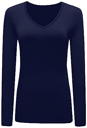 Womans T Shirt New Ladies Tops Long Sleeve V Neck Basic Casual Tshirts UK Plus Size 8-26 Navy Blue