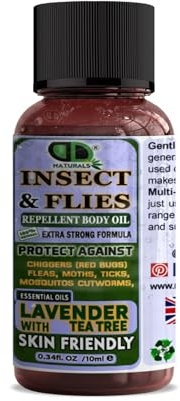 Insect Repellent with Lavender & Tea Tree Essential Oil Repellent Against Chiggers (Red Bugs) Fleas, Moths, Ticks, Mosquitos and Cutworms for Body Oil Deet Free (10ml Cap)