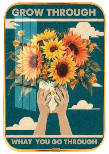 Tournesol Grow Through What You Go Through Peinture sur porcelaine en cristal, affiches inspirantes pour femme, art mural de motivation pour chambre à coucher, salon, salle de classe, 30,5 x 20,3 cm