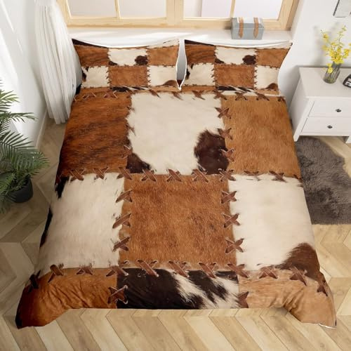 Homewish Bettbezug, 140 x 200 cm, Rindsleder, Patchwork, bedruckt, Kuhfell, Bettwäsche-Set, Bauernhoftiere, für Kinder, Jungen, Western Cowboy