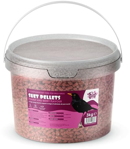Suet Shop - Peanut & Berry Flavoured Suet Pellets, 3kg Resealable Tub - Wild Bird Food Enriched with Human Grade Beef Tallow, High in Energy & Protein - All-Season Bird Feed - Manufactured In The UK