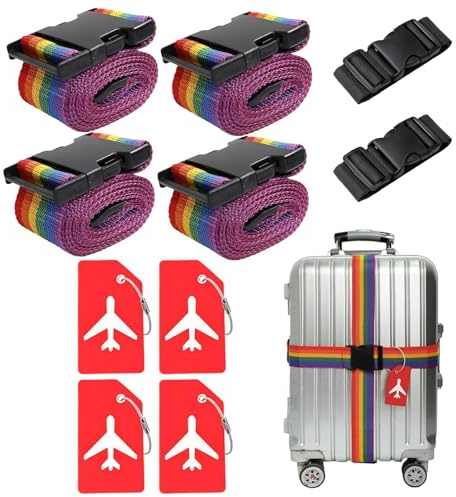 4 Stück Koffergurt & 4 Stück Kofferanhänger & 2 Stück Fügen Sie Eine Tasche Gepäckgurte Hinzu, Kofferband Gurt, Einstellbare Kofferbänder, Auffällig Luggage Strap für Koffer (6 Farben)
