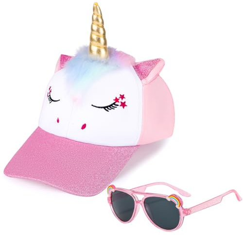 BTHRORO Einhorn Baseballkappe Sonnenbrillen Set für Mädchen, Verstellbar Basecap Unicorn Sonnenbrille UV Schutz Sonnenhut für Jungen Kinder Geschenk Sommer Accessoires