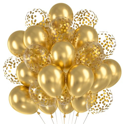 60 Stück Luftballons Metallic Gold, Helium Ballons Golden Konfetti, Neujahr Silvester Latex Ballons, 12 Zoll Partyballon fur Goldene Hochzeit Geburtstag Valentinstag Jahrestag Ramadan Feste
