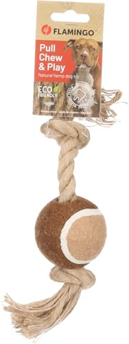 Flamingo Hundespielzeug Hanf Kush Zugseil mit Tennisball braun - 28x6,4x6,4cm - Beugt Zahnbelag vor - Massiert das Zahnfleisch