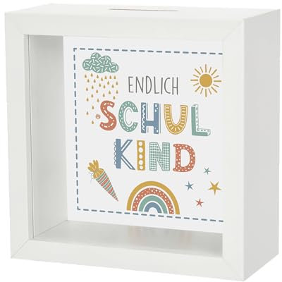 Seaside No.64 - Bedruckte Spardose Endlich Schulkind - in Zwei Farben erhältlich - Geschenkidee zur Einschulung - Bilderrahmen zum Befüllen - Geldsparen Kinderzimmer Dekoration Schulanfang (Weiß)