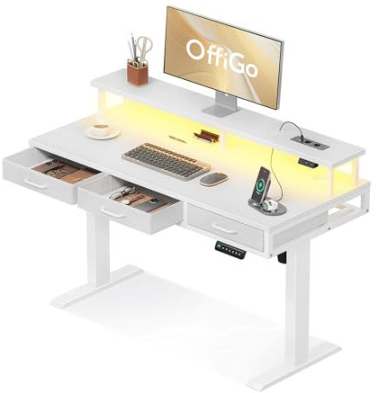 OffiGo Scrivania Regolabile in Altezza con Cassetti, 120cm Scrivania Elettrica con Supporto per Monitor, Scrivania Gaming con Prese e Luce LED, Standing Desk, Bianco