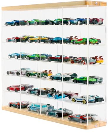 Premium Toy Cars Display Case with Sliding Door, Acrylic and Solid Wood Toy Cars Storage and Organizer – Holds Up to 48 Toy Cars, Easy Assembly Toy Cars Display for Collectors (Transparent)
