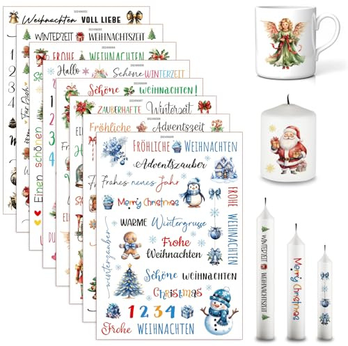 Kerzentattoos Weihnachten, Rub on Sticker Weihnachten Wasserschiebefolie Kerzen Kerzen Tattoo Weihnachten Kerzen Tattoo Folie Stabkerze Kerzenaufkleber Kerzenfolien Weihnachten für Deko (B)