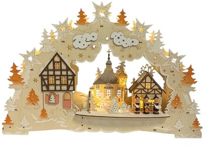 Wichtelstube-Kollektion LED Schwibbogen Fachwerkhäuser Lichterbogen Weihnachten beidseitig bemalt Schwippbogen Echtholz batteriebetrieben mit integriertenTimer 45cm