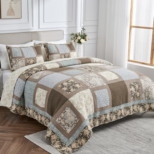 NIUDÉCOR Home 100% Baumwolle Quilt Real Patchwork Quilt Sets Handmade Reversible Vintage Plaid Floral Tagesdecke Weiche Decke Bettwäsche Sets - 3 Stück