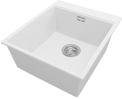 PRIMAGRAN Fregadero Cocina Blanco 43x50cm, Granito 1 Seno + Sifón, Sobre encimera al mueble 45cm - Oslo S057