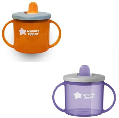 Two Free-Flow First Cup Sippy Cups | 4m+ Baby Trainer Cups | Leak-Proof Fold-Down Spout | Easy-Grip Handles | Orange & Purple | 2-Pack