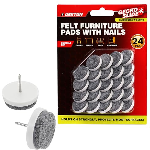 Dekton Geckoslide 24pc Felt Pads with Nails- Furniture Protectors| Prevent Scratches & Noise| Self-Adhesive| Ideal for Chairs, Tables, Appliances| Durable Felt Material| Includes Nails for Attachment
