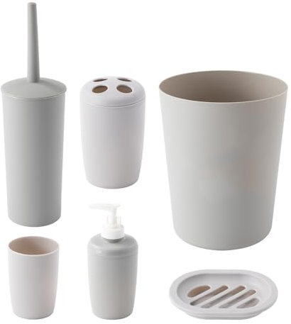 The Cleaning Expert 6 Piece Bathroom Accessory Set - Modern Bathroom Set with Bin, Soap Dispenser, Soap Dish, Tumbler, Toilet Brush Holder & Toothbrush Holder - Grey or White (Grey)