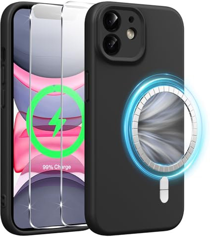 Xiltlly Coque Magnétique en Silicone pour iPhone 11 6,1 Pouces avec 2 Verre Trempé, Compatible avec MagSafe Aimants Intégrés, Étui Housse Antichoc Anti-Rayures Case pour iPhone 11, Noir