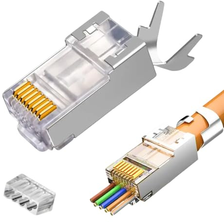 RJ45 Netzwerkstecker Set für Cat7 und Cat6A Verlegekabel, 10 Stück, Pass Through Design, Geschirmt, inklusive Knickschutz und Einfädelhilfe, Geeignet für Switch, TV, PS4, ADSL, Modem, TV Box, Router,