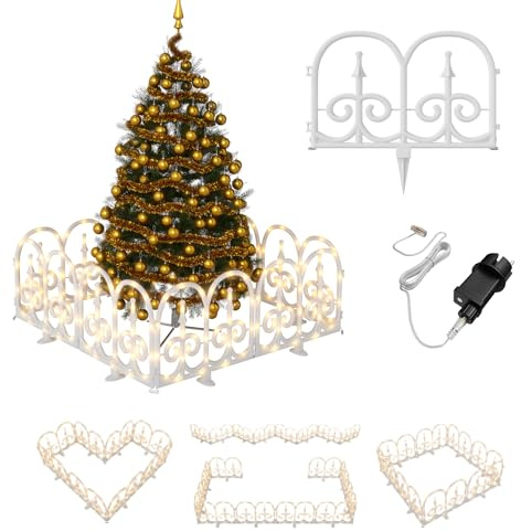 UISEBRT Weihnachtsbaumzaun mit Beleuchtung,Warmweiß Beleuchteter Zaun mit 8 Lichtmodi,IP44 Wasserdicht Gartenzaun Weihnachtsdeko für Weihnachtsbaum un Garten,Innen & Außen,Bogen 3.75M