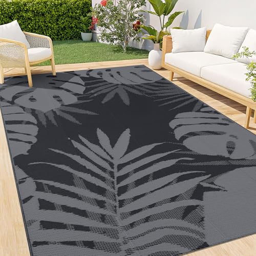 Homaxy vattentät utomhusmatta, 120 x 180 cm, grå och svart | Halkfria vändbara plastsugrör trädgårdsmattor, enkel rengöring matta för camping, uteplats, strand, picknick, trädgård