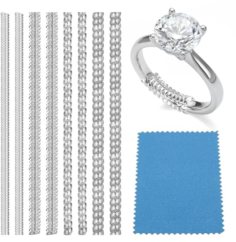 8 Pack Ring Adjuster for Loose Rings, 4 Sizes Invisible Ring Size Adjuster | With Silver Polishing Cloth, Silicone Ring Tightener, Spiral Ring Reducer for Loose Rings