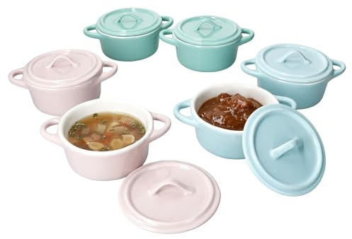 MamboCat Emilia Lot de 6 mini cocottes I 100 ml I en faïence avec couvercle en rose pastel, menthe et bleu I petit plat pour entrées, desserts et mini ragoûts