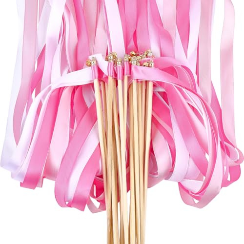 WADORN 50 pièces baguettes magiques avec rubans pour mariage, baguettes avec pour mariage avec clochettes, magiques soie 63 cm pour les fêtes, les activités vacances, les réceptions (rose et blanc)