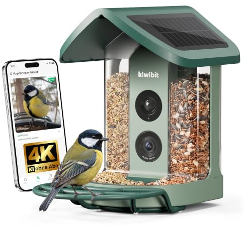 Kiwibit Vogelhaus mit Kamera, 4K KI-Erkennung, Solardach, mit Kiwibit Plus | 8MP Fotos, Live-Ansicht, KI-Vogelerkennung mit Kiwibit , Echtzeit-Alarm und Zwei-Wege-Audio