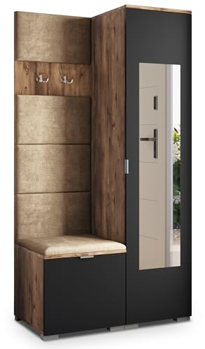 Masseno Flugarderoben Set VIRA, Kleiderschrank-Set mit Spiegel und Sitzbank, Garderobenschrank Flur mit 3 Regalböden, Eiche Lefkas/Schwarz