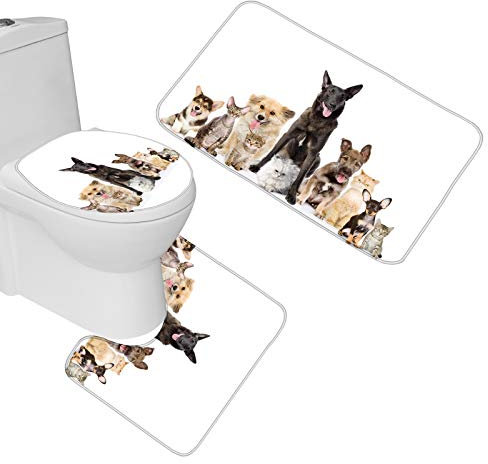 Amagical 3 Piece Toilet Seat Cover and Rug Set Bathroom Non-Slip Pedestal Rug + Lid Toilet Cover + Bath Mat Amazing Animal Family Dogs Corgi Cats