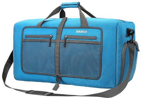 Bekahizar Travel Duffle Bag 60L Lightweight Foldable Holdall Duffels Large Weekend Overnight Bag Packable Carry On Luggage with Shoe Compartment for Men Women Camping Storage Gym Beach (Blue)