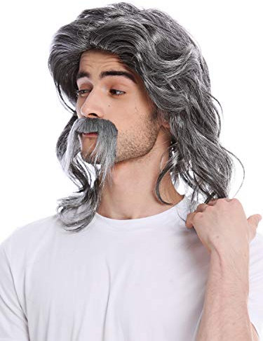 WIG ME UP - 91098-ZA63/ZA103 Perücke Bart Herren Schnauzbart lang Alter Gallier Germane Barde Proll Prolet 70er Jahre Vokuhila Grau Meliert