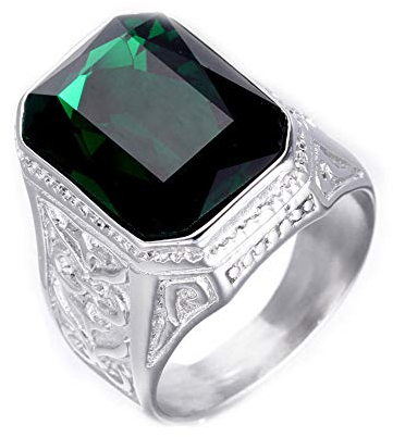 PAURO Herren Edelstahl Jahrgang Hochzeit Versprechen Smaragd Ring mit Großem Stein Silber Grün Größe 54