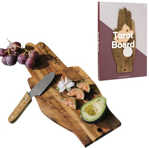 DOIY - Tabla de Cortar y Servir - Tabla de Madera para Quesos - Diseño Inspirado en Mano de Tarot - Incluye 1 Cuchillo para Cortar - Accesorios de Cocina Originales - Tabla de Cocina - 42,5x17,2x1,5cm