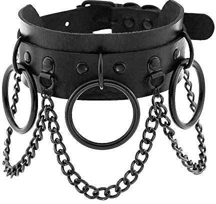 Jurxy Lederhalsband Halskette Kreis Nietkragen Damen Leder Choker Metall Ring Halsband Gotik Punk Rock Lederband Einstellbar Kragen mit Schwarz Besetzt - Doppelschicht mit Kreis